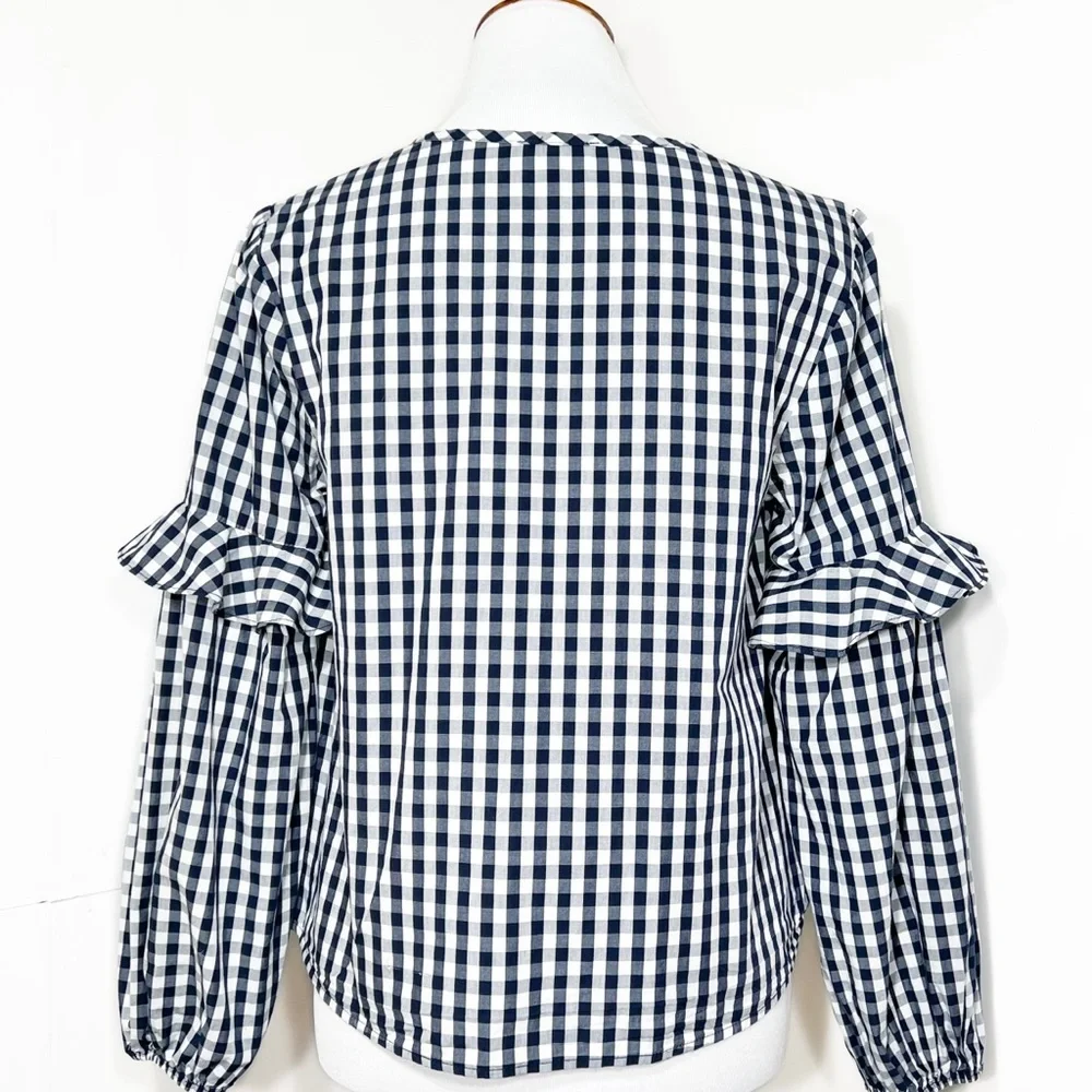 Splendid Navy Gingham Check Ruffled Tie Neck Navy White Long Sleeve Peasant Top - Picture 6 of 10